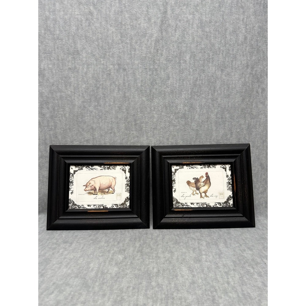 Farmhouse Pig and Chicken Art Prints Set of2  Matted Black Frames Danielson